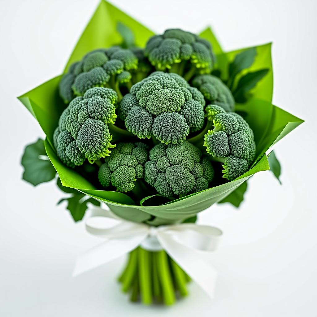  a bouquet of broccoli in a white ribbon.