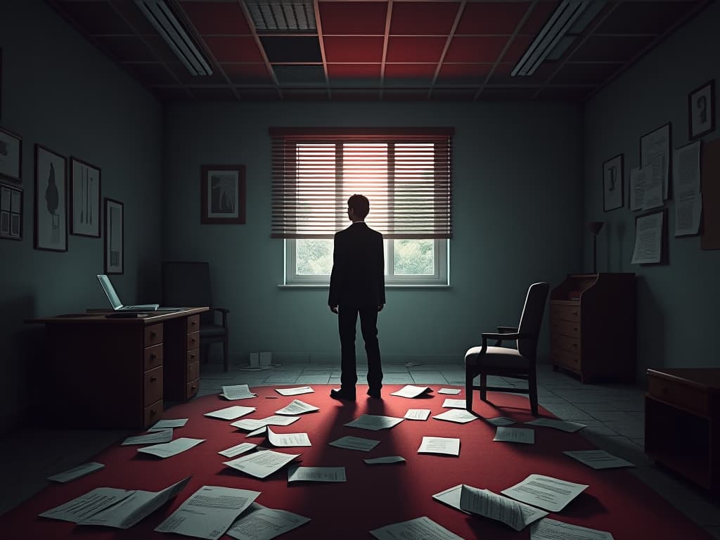  rundown office space, papers strewn across the floor, broken chairs, sense of abandonment, individual standing alone, fragmented light through half closed blinds.. the style is dark fantasy and mysterious occult, symbolic, moody lighting, esoteric vibe,high detail on character design. for the color scheme emphasize blacks and reds.