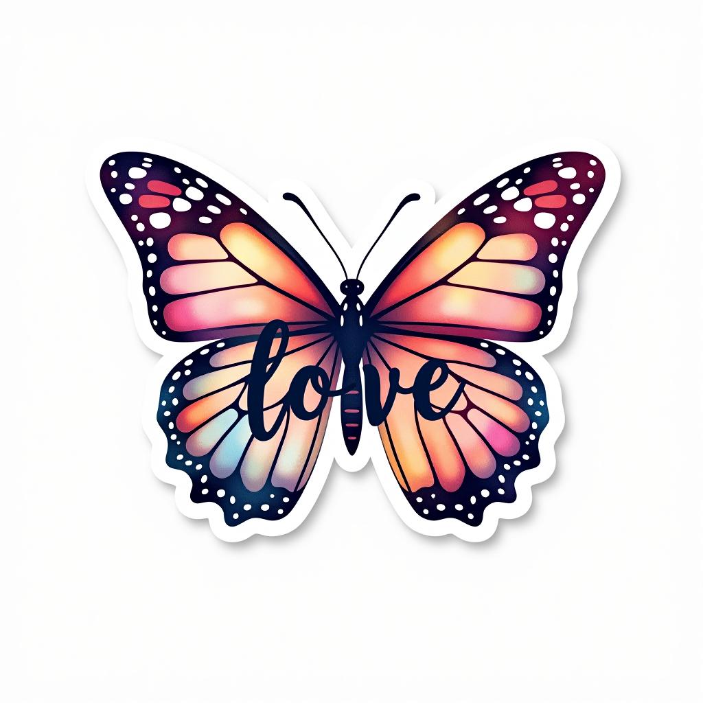  design a logo, custom sticker design on an isolated white background decorated by watercolor butterfly, with the text ‘love’