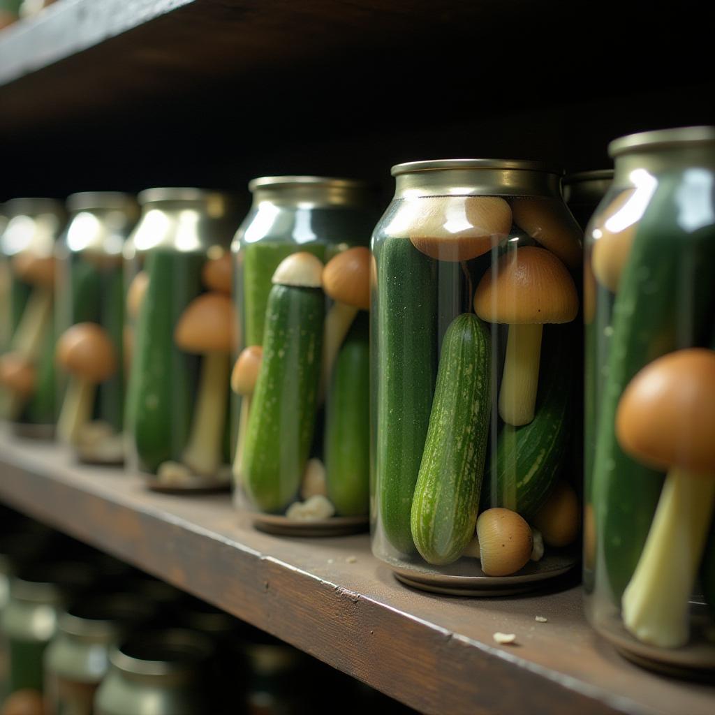  cinematic photo on the shelf are cans filled with mushrooms and cucumbers. there's a dead mole swimming in a can . 35mm photograph, film, bokeh, professional, 4k, highly detailed