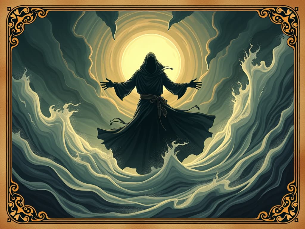  howling winds, swirling chaos, central figure unyielding, invincible, composed amid storm. an illustration in the style of a worn, mystical old tarot trump card, mysterious and elements of surrealism. the colors are muted, somber and eerie, but with contrast bring out an occult and esoteric vibe.