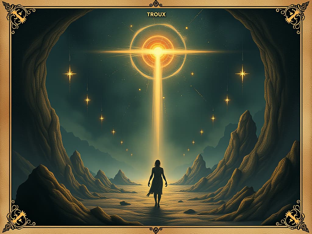  transformative journey through underworld, soul evolving and changing, mystical lights, symbols of transformation. an illustration in the style of a worn, mystical old tarot trump card, mysterious and elements of surrealism. the colors are muted, somber and eerie, but with contrast bring out an occult and esoteric vibe.