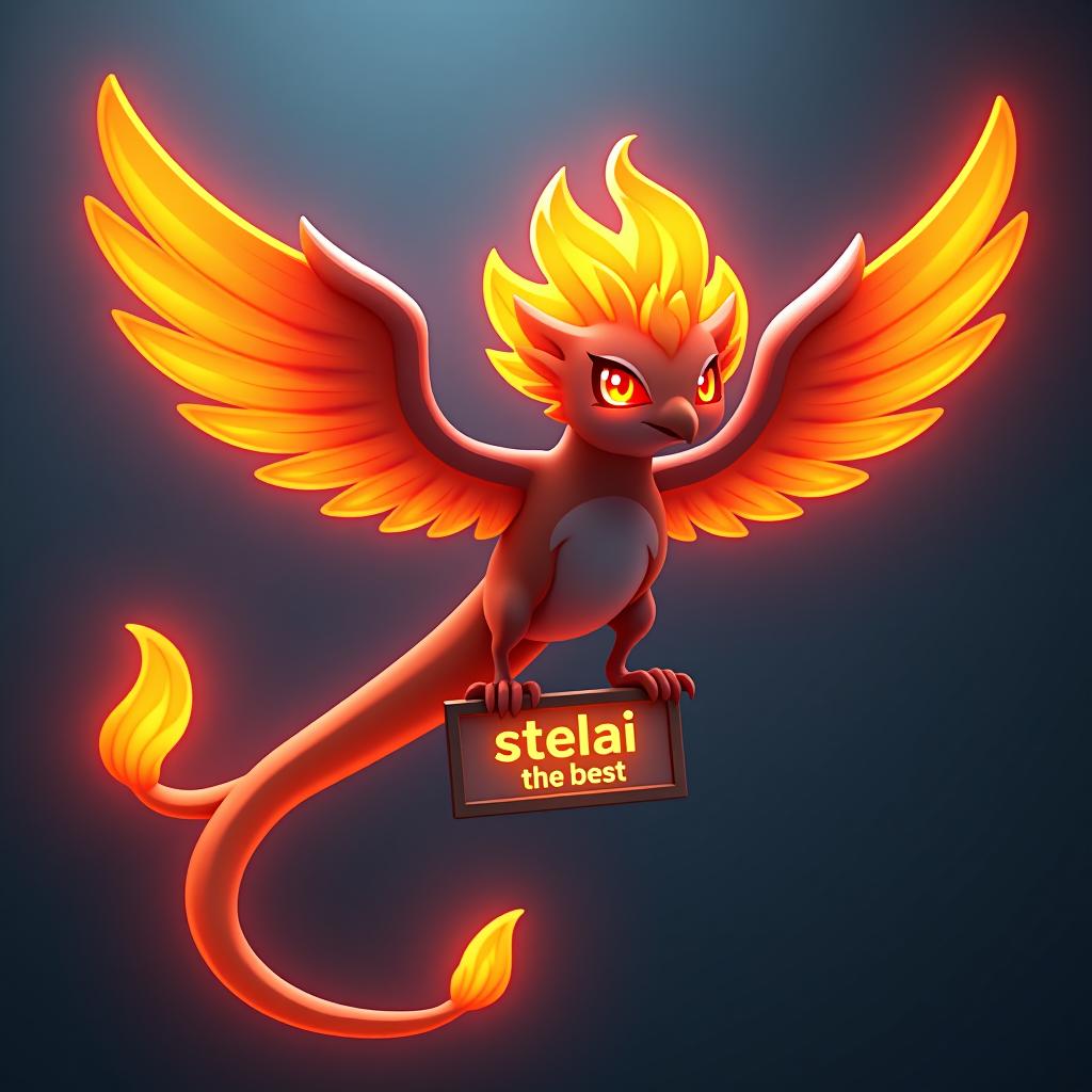  3d phoenix, orange neon fire on head, long tail, red fiery eyes, 2 large wings, in its feet there's a sign while flying saying "stelai the best"