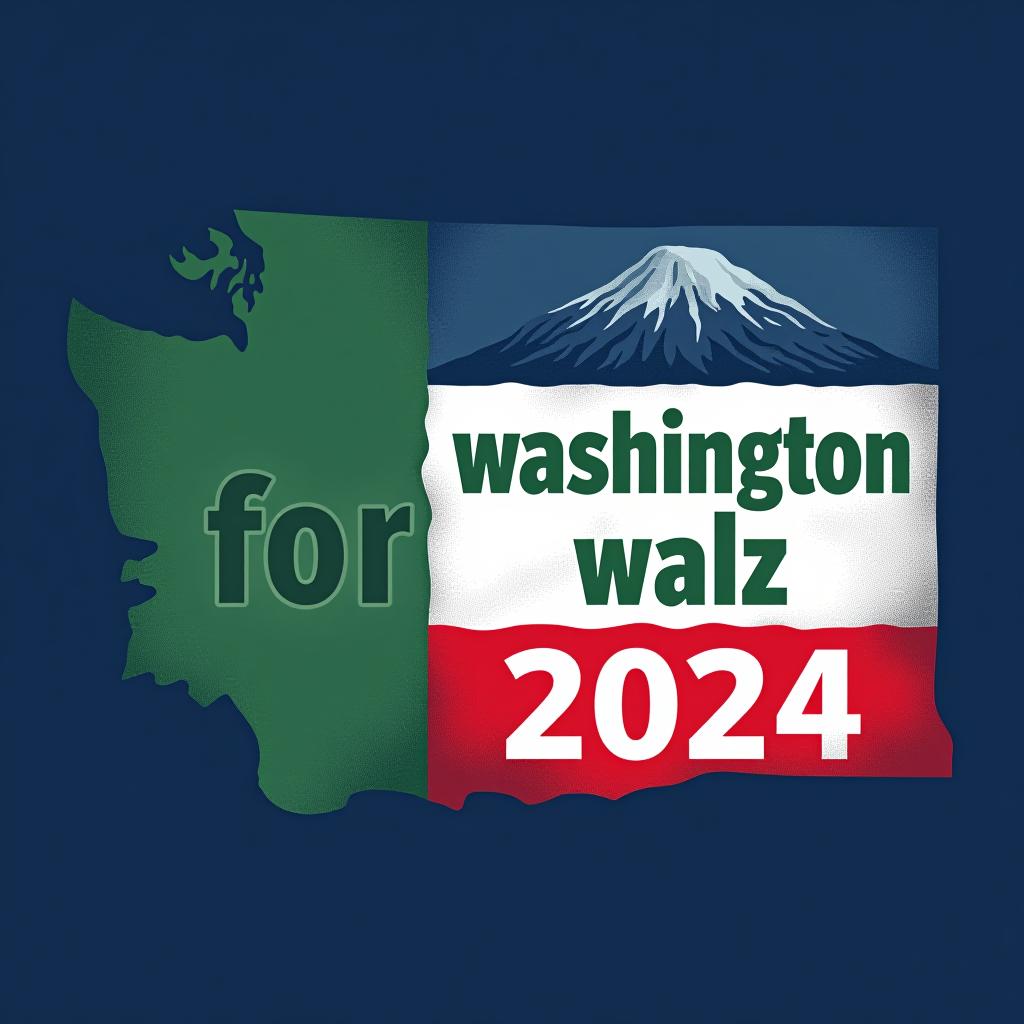  a tshirt design inspired by the washington state flag. the left side features a green vertical stripe with a large mountain in the center. the right side is divided into two horizontal sections: the top section is white with the text 'washington for' in bold, green, uppercase letters, and the bottom section is red with the text 'harris walz 2024' in bold, white, uppercase letters. the overall layout is clean and straightforward, with a clear and patriotic color scheme of blue, white, and red.