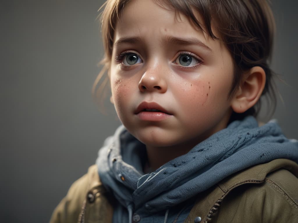 ultra realistic ((ultra realistic ((A child looking remorseful, with a tear rolling down their cheek.)))) hyperrealistic, full body, detailed clothing, highly detailed, cinematic lighting, stunningly beautiful, intricate, sharp focus, f/1. 8, 85mm, (centered image composition), (professionally color graded), ((bright soft diffused light)), volumetric fog, trending on instagram, trending on tumblr, HDR 4K, 8K