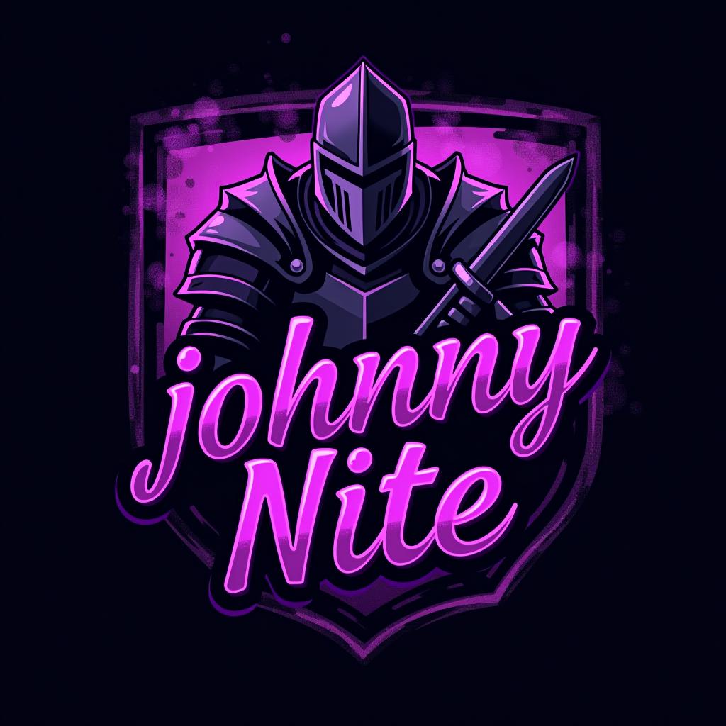  design a logo, in a realism style. knight graffiti purple and black, with the text 'johnny nite'.