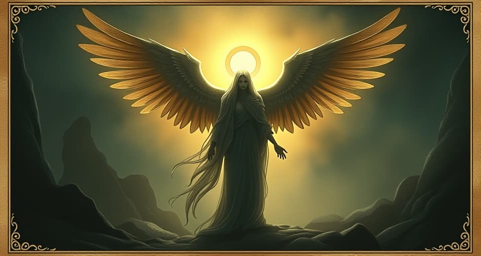  a radiant angelic figure standing amid shadows, wings outstretched, intense, piercing light emanates from the figure, glowing halo, stark and ethereal, symbol of divine authority. an illustration in the style of a worn, mystical old tarot trump card, mysterious and elements of surrealism. the colors are muted, somber and eerie, but with contrast bring out an occult and esoteric vibe.