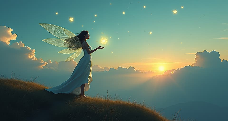  ethereal being receiving glowing symbols in the wind, serene landscape, sense of divine communication, timeless language. the style is digital art illustration,highly detailed, whimsical,magical, dreamlike atmosphere, realism and fantasy blend, smooth, glossy textures,luminous quality, wonder and enchantment.