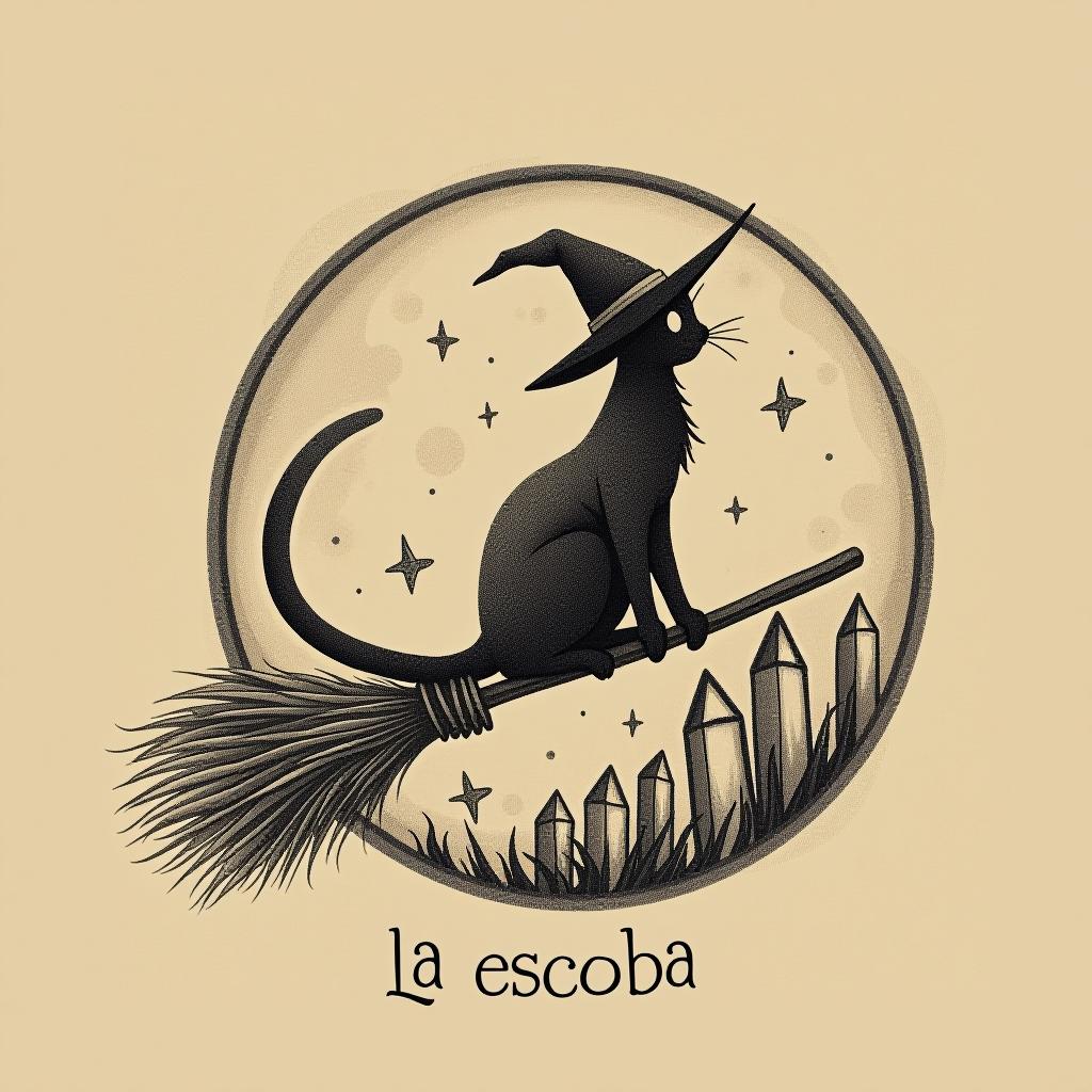  design a logo, in a pencil style. witchy, cat silhouette on broom, crystals, moon , with the text 'la escoba '.