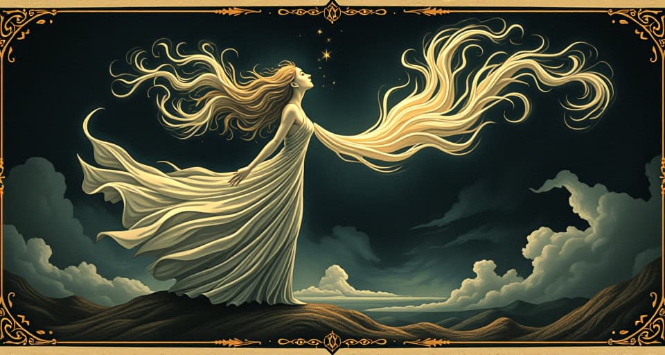  divine breath, ethereal wind swirling around figure, essence of life, celestial, captivating. an illustration in the style of a worn, mystical old tarot trump card, mysterious and elements of surrealism. the colors are muted, somber and eerie, but with contrast bring out an occult and esoteric vibe.