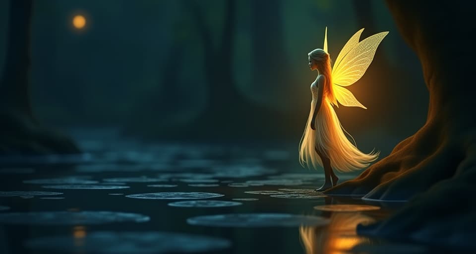  a glowing, serene fairy standing by a dark pond. her luminescence reflected in the still waters, contrasting sharply with the surrounding shadows, atmosphere filled with mystery and concealed beauty.. the style is digital art illustration,highly detailed, whimsical,magical, dreamlike atmosphere, realism and fantasy blend, smooth, glossy textures,luminous quality, wonder and enchantment.