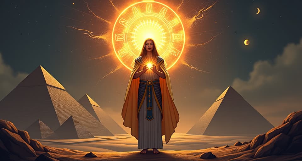  a radiant, divine figure holding a glowing orb, celestial energies converging, surrounded by ancient pyramids, sense of bearing immense cosmic weight. the style is digital art illustration / modern comic book / mysterious occult, symbolic, esoteric vibe,high detail on character design, incorporating ancient egyptian symbology and attire.