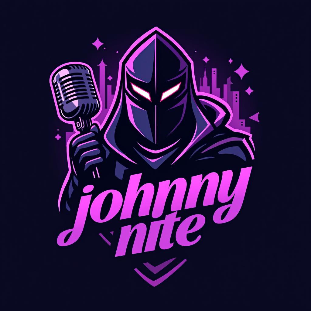  design a logo, in a threedrender style. knight with a gaming mic graffiti purple and black, with the text 'johnny nite'.