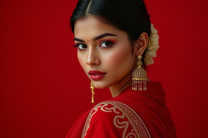  a bold, female, indian, fair body color, adult, model profession, showing red sandel, text write on sandel in bold font style "komal's" hyperrealistic, full body, detailed clothing, highly detailed, cinematic lighting, stunningly beautiful, intricate, sharp focus, f/1. 8, 85mm, (centered image composition), (professionally color graded), ((bright soft diffused light)), volumetric fog, trending on instagram, trending on tumblr, HDR 4K, 8K