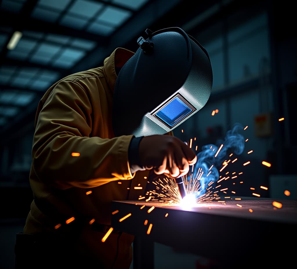  a welder in a dark industrial setting is welding metal, with sparks flying off the metal.