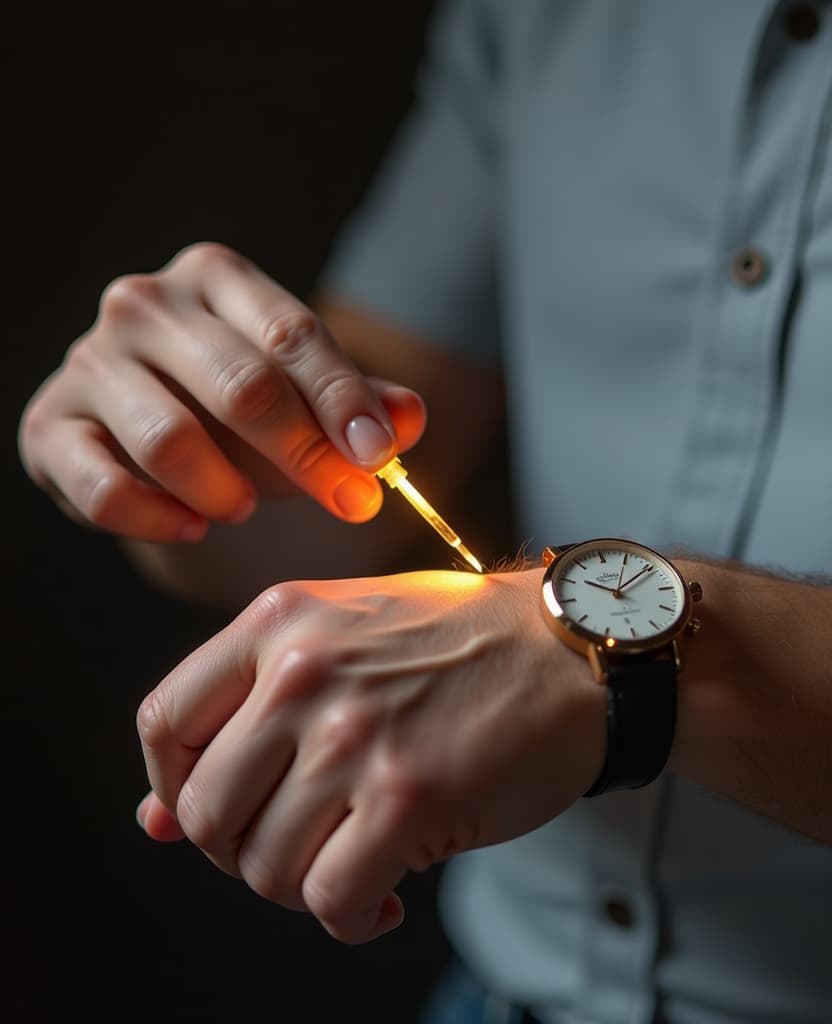  hdr photo of man demonstration of the application process on the wrist with a small perfume, hands, it is convenient to use our product . high dynamic range, vivid, rich details, clear shadows and highlights, realistic, intense, enhanced contrast, highly detailed