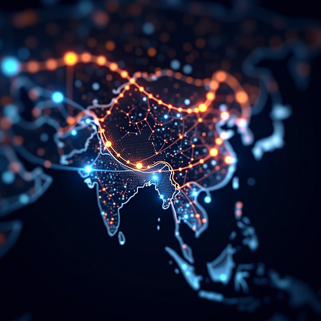  digital map of asia, concept of global network and connectivity, high speed data transfer and cyber technology, business exchange, information and telecommunication