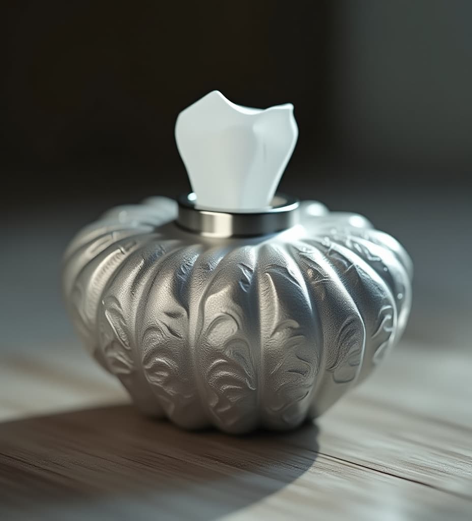  i want a floss dispenser / container that looks like sea shell. i don't want the seashell container to have lots of detail and too direct, i want it to look elegant and simple, yet remind us of a sea shell. the material should be in stainless steel or aluminum, but it shouldn't have a shiny feel to it. somewhere on the floss dispenser, the floss string itself should be visible, and a person can easily pull and cut the floss., high quality, high details, hd, perfect composition, 4k epic detailed, highly detailed, sharp focus, high resolution