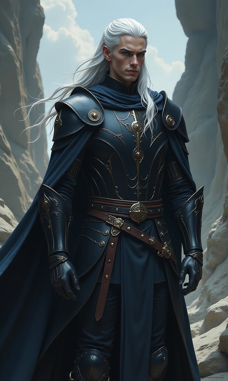  ethereal fantasy concept art of young handsome man, drow, dark elf, dark grey skin, long white hair, slim, dressed in black leather armor, warrior, against the background of rocks . magnificent, celestial, ethereal, painterly, epic, majestic, magical, fantasy art, cover art, dreamy