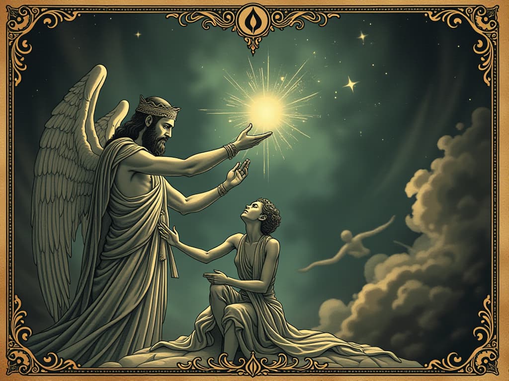  a celestial sculptor shaping a human figure from raw material, glowing ethereal light, cosmic background, creation and transformation, divine craftsmanship. an illustration in the style of a worn, mystical old tarot trump card, mysterious and elements of surrealism. the colors are muted, somber and eerie, but with contrast bring out an occult and esoteric vibe.