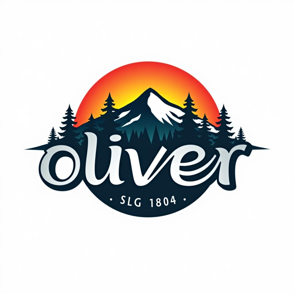  design a logo, custom sticker design on an isolated white background with the bold words ‘oliver’ with a backdrop of a mountain range, and silhouettes of pine trees at sunset