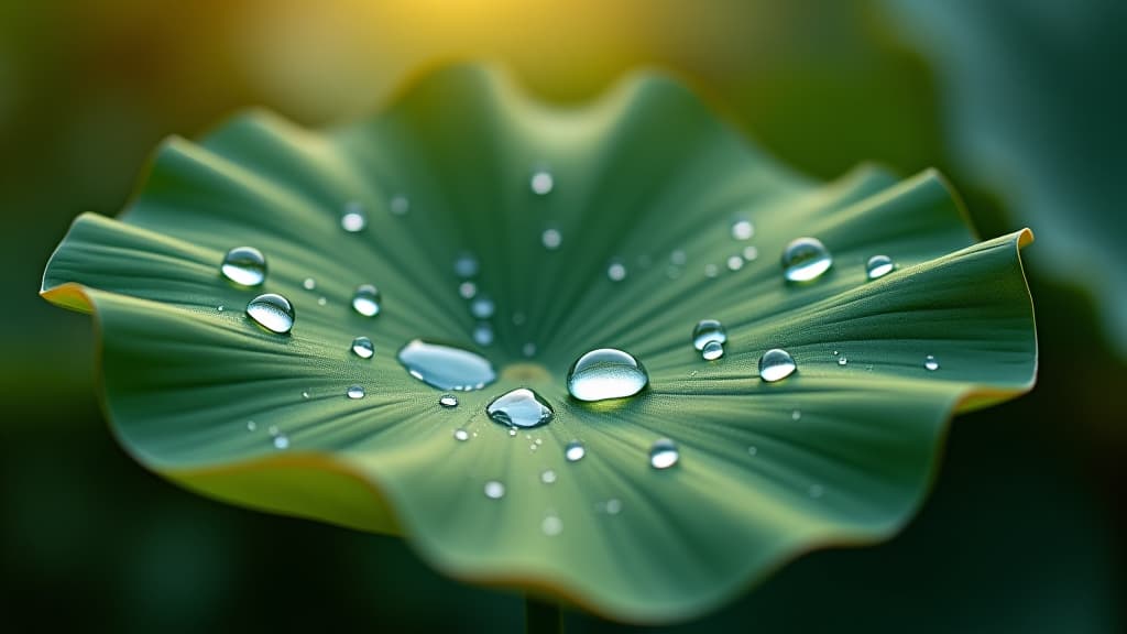  on the lotus leaf in the morning, the dew is crystal clear, shining like small drops of water, showing the tranquility and beauty of nature