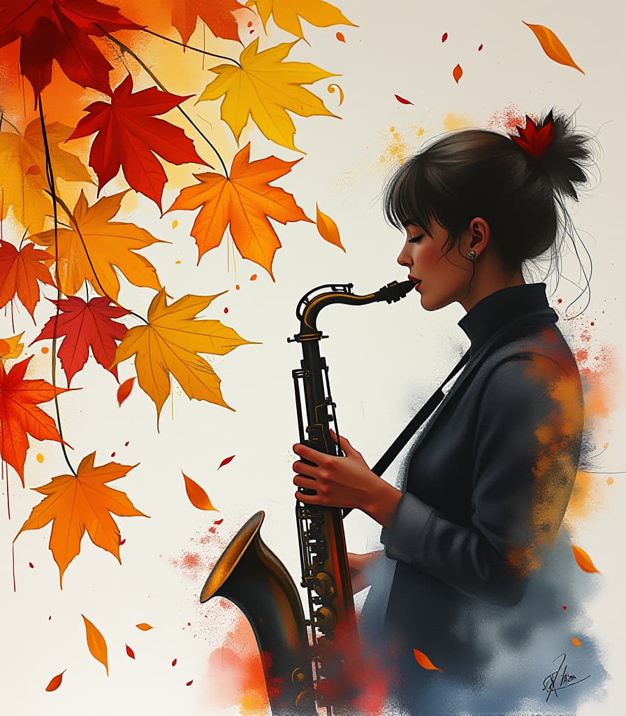  abstract expressionist painting painting. still life, watercolor. (autumn, leaffall, bright yellow and scarlet maple leaves in the foreground fragmentary, beautiful girl playing saxophone:1.5). surrealism. fantasy. intense close up. watercolor style by artist sergey andriyaki. high resolution, high detail, high definition. leaks, stains. . energetic brushwork, bold colors, abstract forms, expressive, emotional