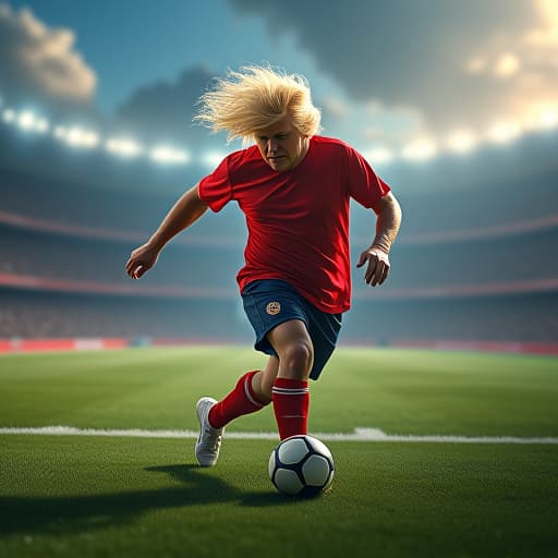  in a mystical realm where magic reigns supreme, visualize "trumps hair" transformed into a soccer player. picture donald trump's iconic and legendary hair cascading down like a flowing golden mane, taking on the form of a skilled soccer player. imagine the hair kicking a soccer ball with precision and grace, exuding confidence and power on the field. the scene unfolds amidst vibrant colors that pop with intensity, surrounded by mythical creatures cheering from the sidelines. ethereal landscapes stretch beyond, adding a touch of surreal beauty to the setting. the atmosphere is dreamlike, filled with wonder and enchantment, where the impossible becomes possible. capture the essence of this fantastical moment with a blend of surrealism and a hyperrealistic, full body, detailed clothing, highly detailed, cinematic lighting, stunningly beautiful, intricate, sharp focus, f/1. 8, 85mm, (centered image composition), (professionally color graded), ((bright soft diffused light)), volumetric fog, trending on instagram, trending on tumblr, HDR 4K, 8K