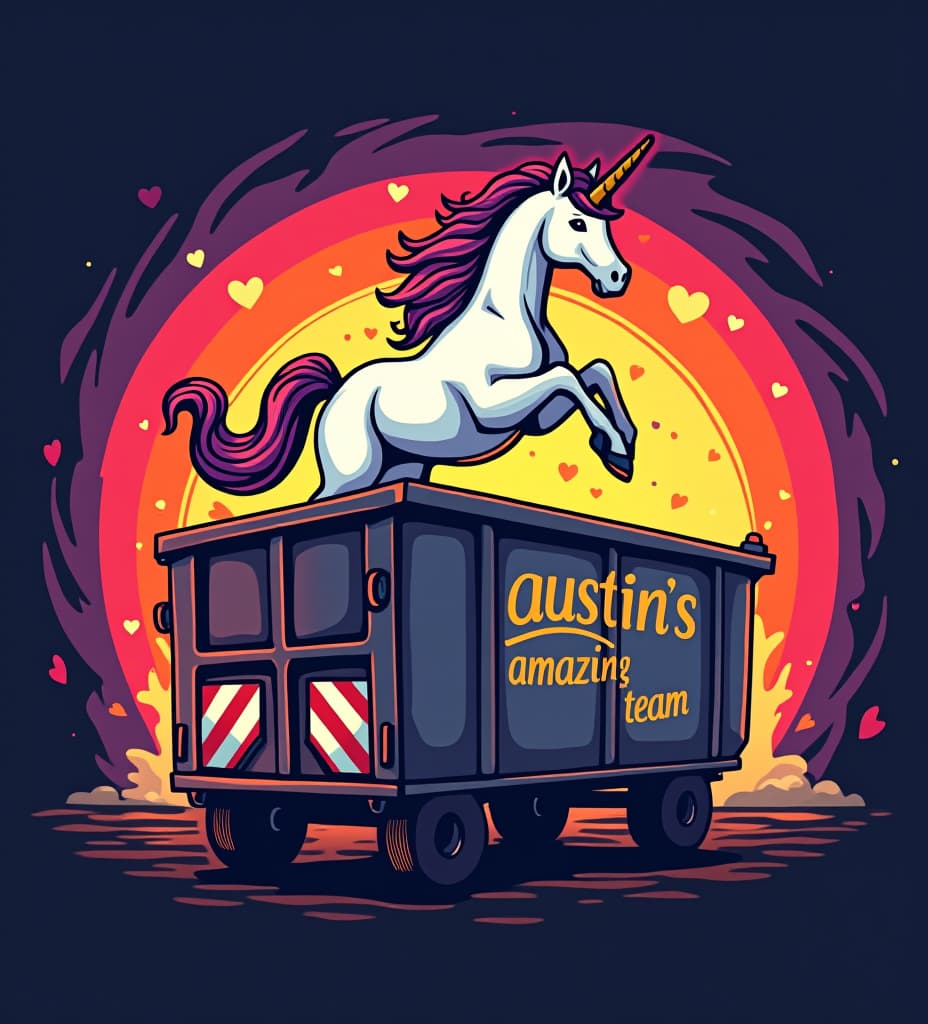  vector illustration logo of dumpster fire. on the dumpster the text "austin's amazing team" a unicorn is jumping out of the dumpster. hearts and rainbows, high quality, high details, hd, perfect composition, 4k epic detailed, highly detailed, sharp focus, high resolution