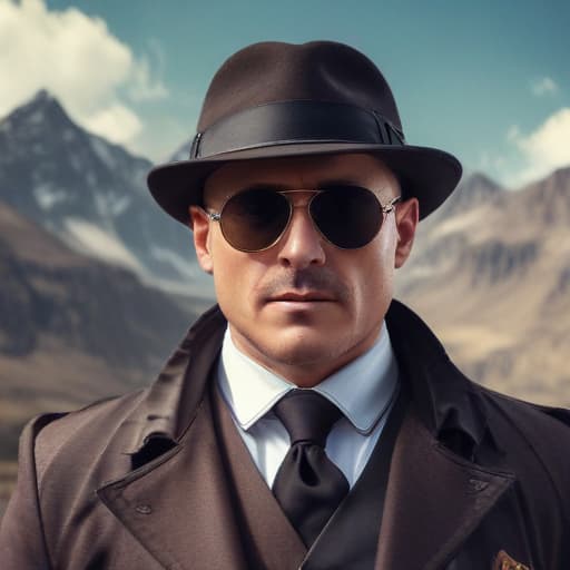 Reymond reddington with sunglasses in Steampunk style with Mountains background