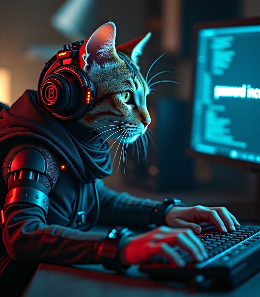  biomechanical cyberpunk a cyborg cat with numerous technical devices is typing on a computer keyboard, (on the monitor screen the text in large bold "password is incorrect"), high detail, high resolution, detailed skin, detailed eyes, detailed wires and leds, detailed background, cinematic, (large depth of field:1.2), hyper realism, many small details, perfect composition and foreshortening. . cybernetics, human machine fusion, dystopian, organic meets artificial, dark, intricate, highly detailed hyperrealistic, full body, detailed clothing, highly detailed, cinematic lighting, stunningly beautiful, intricate, sharp focus, f/1. 8, 85mm, (centered image composition), (professionally color graded), ((bright soft diffused light)), volumetric fog, trending on instagram, trending on tumblr, HDR 4K, 8K