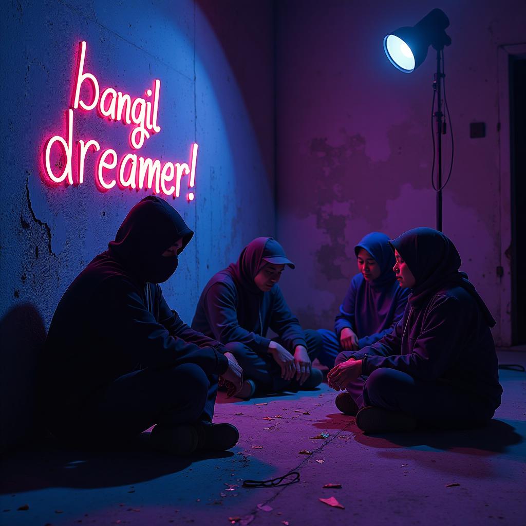  a hyper realistic, cinematic full body shot of a group of 2 old indonesians sitting on the floor in a dark, vintage music studio, illuminated by deep blue and purple lights. the camera captures a candid angle, with everyone immersed in the moment. a man in a black hooded jacket sits with his head bowed, face hidden under the hood and mask, adding mystery. beside him, an arab woman with fair skin, a sharp nose, and a modern hijab sits casually, her energy vint. another man in rapper style clothing exudes confidence, while a hijab wearing woman sits nearby. a bold blockbuster style graffiti reading "hendy ft. bangil dreamer!" is half finished on the wall, illuminated by a spotlight, with the paint gleaming under the neon lights,  hyperrealistic, full body, detailed clothing, highly detailed, cinematic lighting, stunningly beautiful, intricate, sharp focus, f/1. 8, 85mm, (centered image composition), (professionally color graded), ((bright soft diffused light)), volumetric fog, trending on instagram, trending on tumblr, HDR 4K, 8K