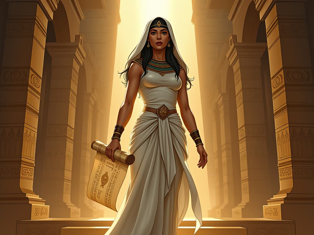  priestess in form fitting white linen, holding a sacred scroll, standing before an ancient altar, aura of higher purpose. the style is digital art illustration / modern comic book / mysterious occult, symbolic, esoteric vibe,high detail on character design, incorporating ancient egyptian symbology and attire.