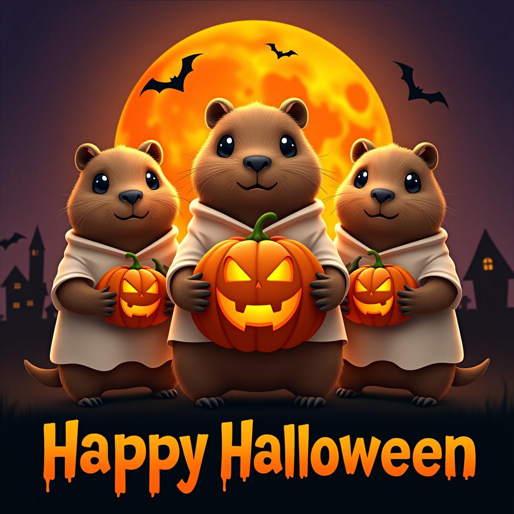  three capybaras wearing ghost shirts in a spooky halloween scene. each capybara has big black eyes. the middle capybara holds a large carved pumpkin, and the other two hold smaller carved pumpkins. the background features a large orange moon with black silhouettes of bats, haunted houses, and trees. below the capybaras, the word 'happy halloween' is written in a bold, stylized font. the overall style is fun and cartoonish with a glossy finish. hyperrealistic, full body, detailed clothing, highly detailed, cinematic lighting, stunningly beautiful, intricate, sharp focus, f/1. 8, 85mm, (centered image composition), (professionally color graded), ((bright soft diffused light)), volumetric fog, trending on instagram, trending on tumblr, HDR 4K, 8K