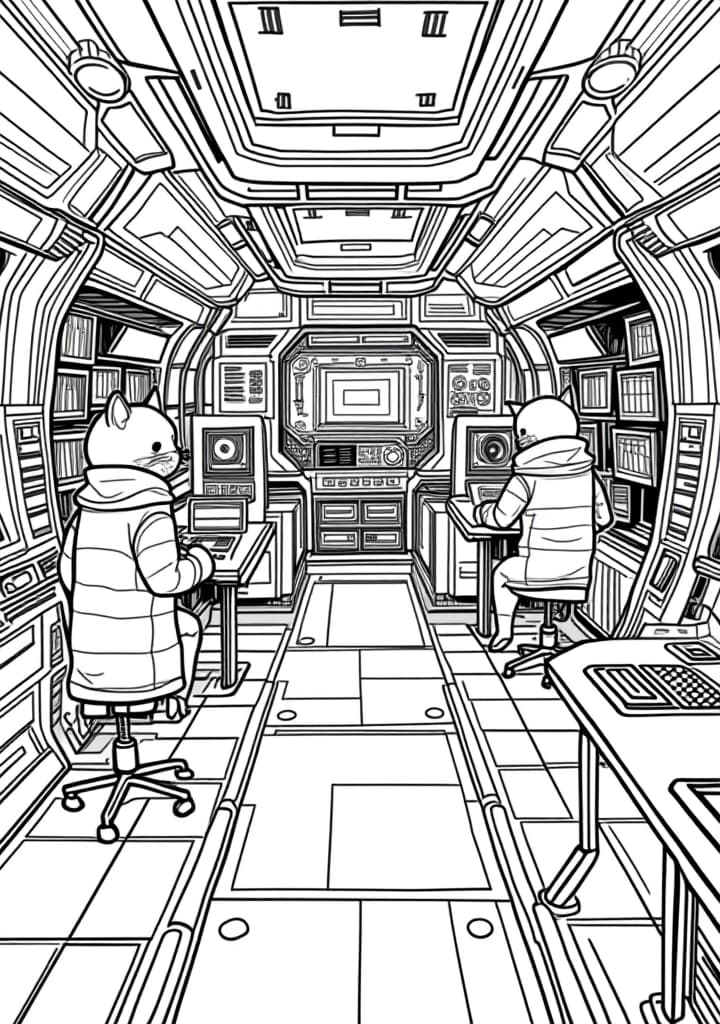  you're a coloring book bot. your job is to make delightful elementary appropriate coloring book pages. a coloring book page is as follows: black and white outlines, low complexity. very simplistic, easy for s to color in. always appropriate, whimsical themes, white background, (no colour)++, (no shading)++, black lines, a bustling space station operated by cats, complete with control panels, monitors, and various space gadgets. the image should be a high contrast, black and white line drawing on a blank white background, with no shadows or borders, and should utilise the entire space without leaving any unnecessary white areas. hyperrealistic, full body, detailed clothing, highly detailed, cinematic lighting, stunningly beautiful, intricate, sharp focus, f/1. 8, 85mm, (centered image composition), (professionally color graded), ((bright soft diffused light)), volumetric fog, trending on instagram, trending on tumblr, HDR 4K, 8K