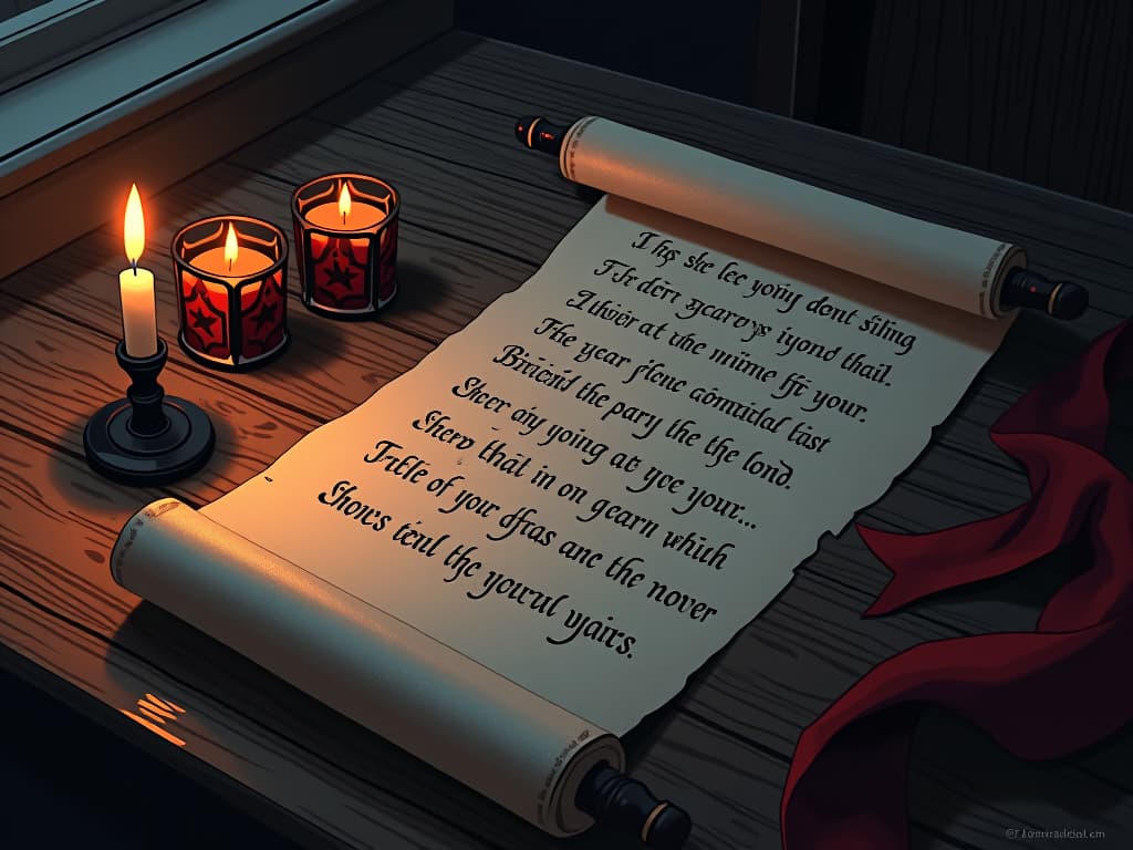  scroll with elegant script laid out on a wooden table, soft glow of candlelight, sense of warmth and longing, words of yearning forming delicate shadows on the paper. the style is digital art illustration / modern comic book / graphic dark novel fantasy and mysterious occult, symbolic, moody lighting, esoteric vibe,high detail on character design. for the color scheme emphasize blacks and reds.