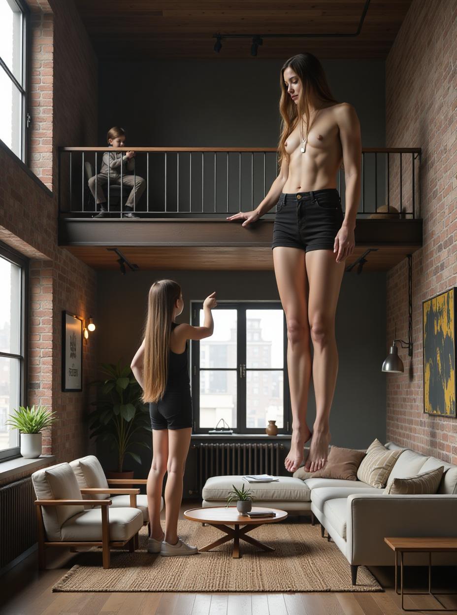  modern industrial loft living room with brick walls and a mezzanine. a towering dominates the space. it's a young kindergarten girl, but her height is extraordinary, stretching far beyond the mezzanine. she is back to the camera, on tip toes, arms rest on the mezzanine, muscles rippled, tiny waist, her gaze fixed on he, slender uncle standing in the mezzanine. the size difference is staggering. the girl, a human skyscr, dwarfs the room. her enormous, toned body, dark eyeshadow, and long straight hair give her an otherworldly appearance. she wears a daring short pencil dress that reveals her ample ocks, and her extremely long toned legs stretch out beneath her. her hand rests casually on the ceiling, emphasi