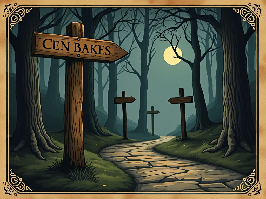  ancient, weather worn signpost at a wooded crossroad, paths leading in several directions, each veiled in shadow and moonlight, rustic, enigmatic. an illustration in the style of a worn, mystical old tarot trump card, mysterious and elements of surrealism. the colors are muted, somber and eerie, but with contrast bring out an occult and esoteric vibe.