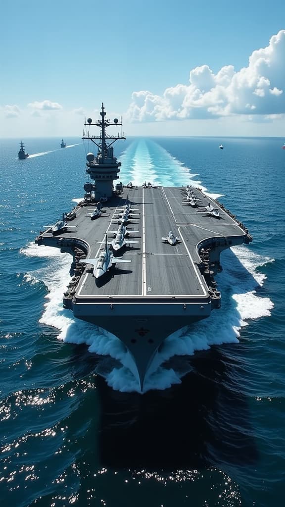  a detailed view of the aircraft carrier uss eisenhower navigating through the ocean. the massive ship showcases its flight deck filled with various fighter jets, while the surrounding turquoise waves reflect the sunlight. the sky is a brilliant blue with a few fluffy white clouds, and distant ships are faintly visible on the horizon, creating a sense of scale and power in this naval scene.