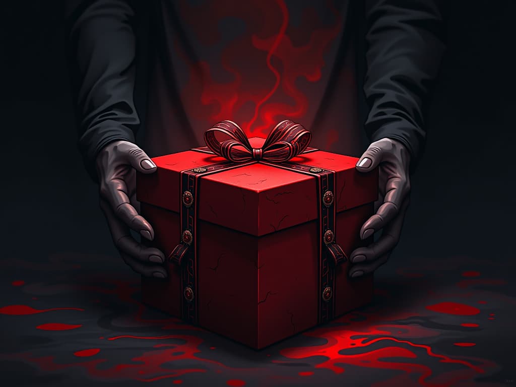  worn red gift box, ominous aura surrounding it, dark shadows cast, symbol of deceptive allure. the style is digital art illustration / modern comic book / graphic dark novel fantasy and mysterious occult, symbolic, moody lighting, esoteric vibe,high detail on character design. for the color scheme emphasize blacks and reds.