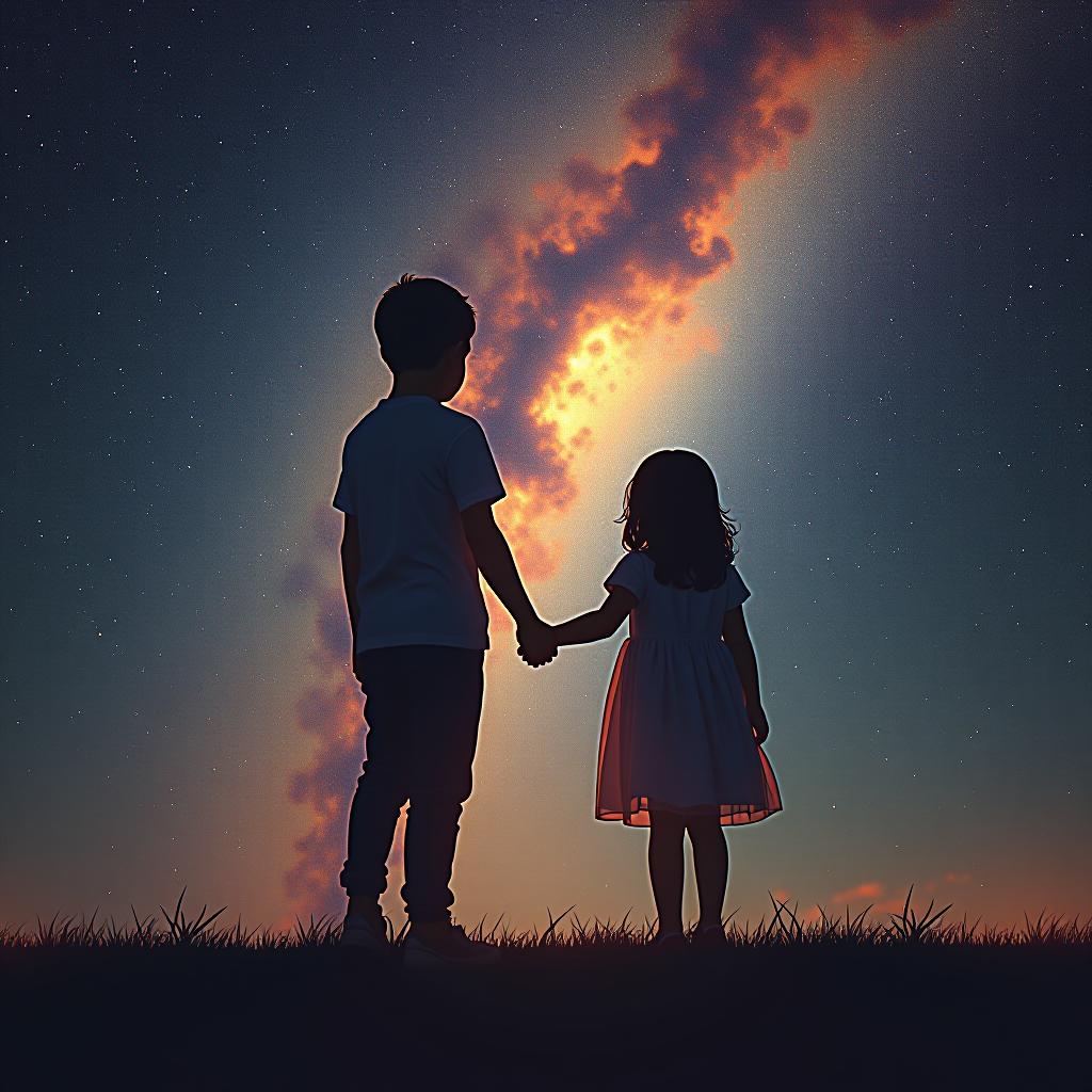  a boy and a girl against the backdrop of the universe.