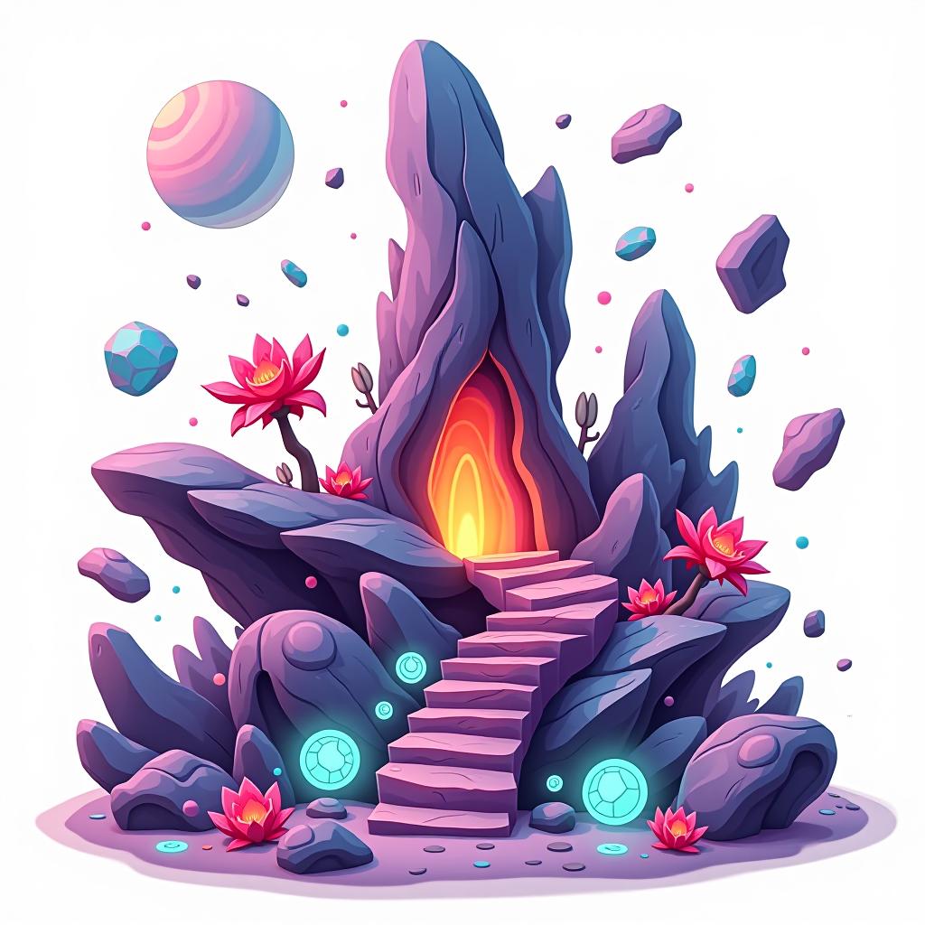  white background. a asset and material derived from a hyper realistic alien planet, featuring glowing organic matter, and fragments of unique architectural structures. each asset should reflect the same fantasy elements as the planet, with floating pieces, glowing edges, and a consistent color palette. include items like glowing rocks, mysterious plant life, and fragments of the planet's structures, all in a cartoon and disney style.