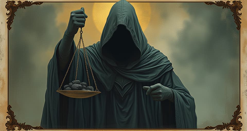  hooded figure holding a scale, one side heavy with black stones, other side empty, shadows elongating ominously, false balance, deception. an illustration in the style of a worn, mystical old tarot trump card, mysterious and elements of surrealism. the colors are muted, somber and eerie, but with contrast bring out an occult and esoteric vibe.