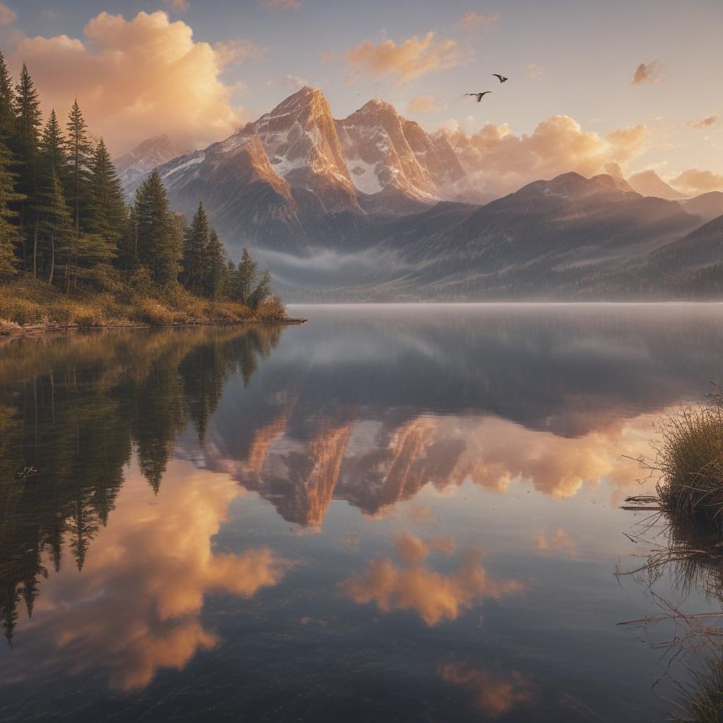 ((masterpiece)),(((best quality))), 8k, high detailed, ultra detailed, A serene landscape featuring a tranquil lake, snow capped mountains, a golden sunset, reflection of clouds in the water, and birds flying in the distance hyperrealistic, full body, detailed clothing, highly detailed, cinematic lighting, stunningly beautiful, intricate, sharp focus, f/1. 8, 85mm, (centered image composition), (professionally color graded), ((bright soft diffused light)), volumetric fog, trending on instagram, trending on tumblr, HDR 4K, 8K