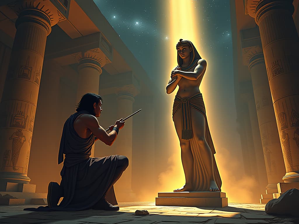  a sculptor chiseling a beautiful statue in an ancient temple, with celestial light illuminating the figure, surrounding atmosphere of inspiration and awakening potential. the style is digital art illustration / modern comic book / mysterious occult, symbolic, esoteric vibe,high detail on character design, incorporating ancient egyptian symbology and attire.