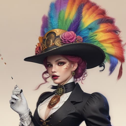 Rainbow drag queen cowboy top hat and headdress tuxedo with spur white Elizabethan collar wand parasol, steampunk, concept art, digital painting, artstation, dynamic lighting, ultra detailed, high quality