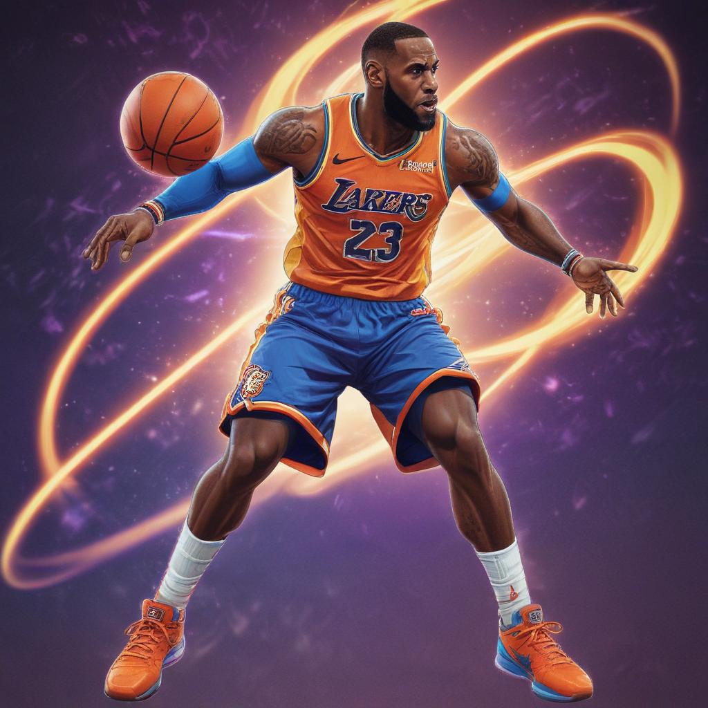 distance-shot, flashy, full-body, dynamic, holographic, animated cartoon poster of lebron james in the style of dragon ball super