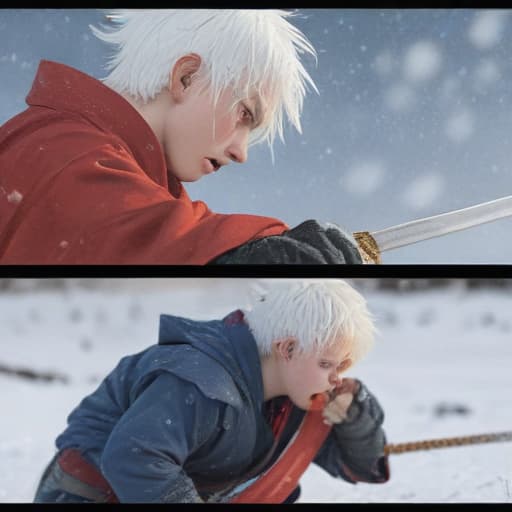 Panel 1: A wide shot of a snowy landscape, with a white-haired boy laying in the snow, covered in a ragged and cut cloth. The snow beneath him is turning deep red. Panel 2: A close-up of the boy's face, his bright blue eyes burning with a quiet and cold rage. Boy (thought): I won't let myself die so pitifully. Panel 3: The boy rolls onto his back, exposing a large cut spanning from his right shoulder to the left of his hip. Panel 4: A close-up of the boy's wound, with blood covering it and beginning to freeze over. Panel 5: The boy takes deep painful breaths, one after another. Panel 6: A close-up of the boy's hand, gripping the katana in a red sheath with a Japanese dragon imprinted in gold winding around it. Panel 7: The boy