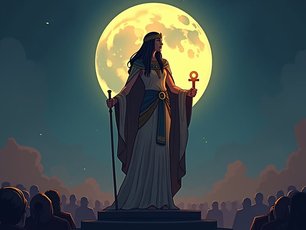  noblewoman holding a glowing ankh, standing on a raised platform under the full moon, addressing a large group, her voice a beacon, moonlight illuminating a brighter future. the style is digital art illustration / modern comic book / mysterious occult, symbolic, esoteric vibe,high detail on character design, incorporating ancient egyptian symbology and attire.