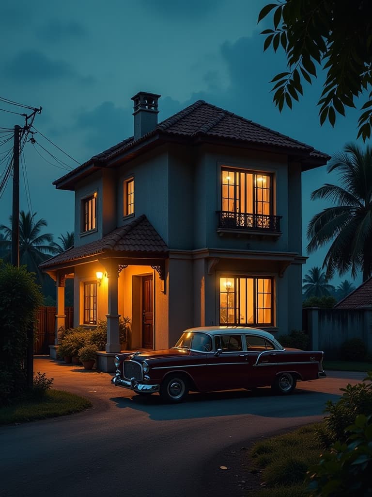  a house in india at dark night time. they are street light. they are a indian car the image focas on the house. the car hyperrealistic, full body, detailed clothing, highly detailed, cinematic lighting, stunningly beautiful, intricate, sharp focus, f/1. 8, 85mm, (centered image composition), (professionally color graded), ((bright soft diffused light)), volumetric fog, trending on instagram, trending on tumblr, HDR 4K, 8K